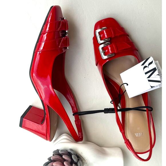 ZARA Red Patent Slingback Heels NWT | Double Buckle | Blogger Fave - Picture 6 of 16
